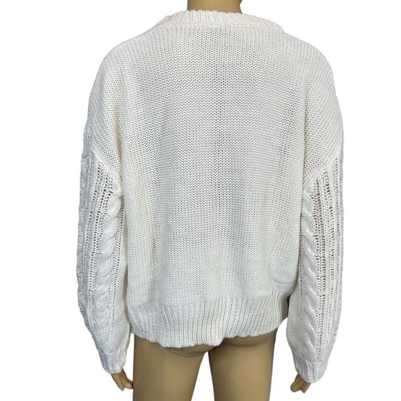 Women Pullover Sweater Large Apricot-Cream Knit Cable Round Neck Long Sleeve - Picture 7 of 9